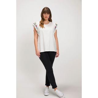 Ulla Popken  T-shirt, broderie florale, ligne en A, col rond, manches courtes 