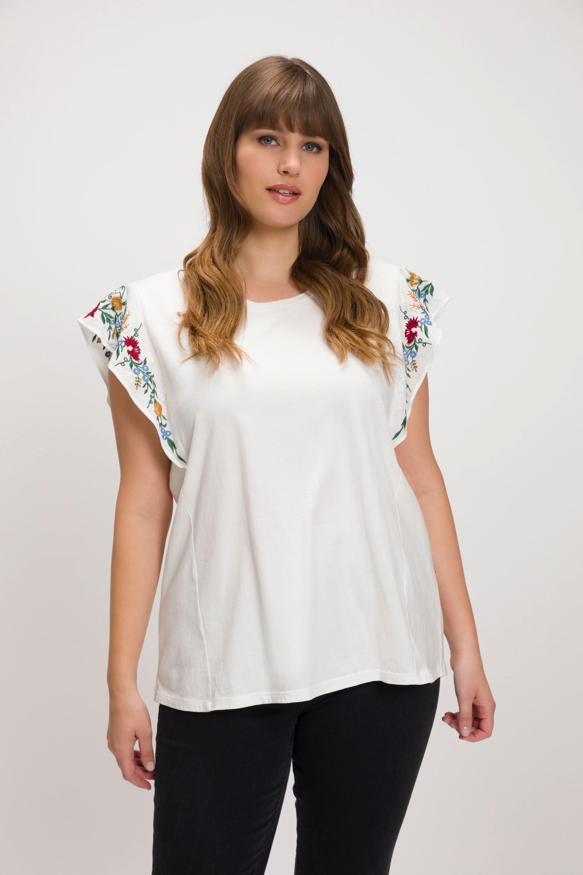 Ulla Popken  T-shirt, broderie florale, ligne en A, col rond, manches courtes 