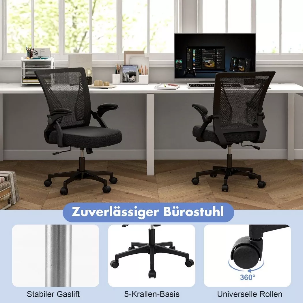 Northix – Ergonomischer Bürostuhl mit klappbaren Armlehnen Schreibtischstuhl mittlerer Rückenlehne 57 x 63 90–100 cm Schwarz, 57X63.5CM