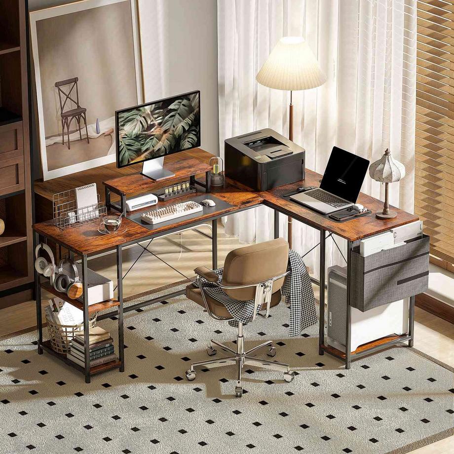 Northio L-förmiger Schreibtisch 168 x 120 cm Eckschreibtisch mit Ablagefächern, Aufbewahrungstasche Umkehrbar Computertisch mit Monitorständer GamingTisch für Büro, Heimbüro, Rustikal-Braun Aosom  