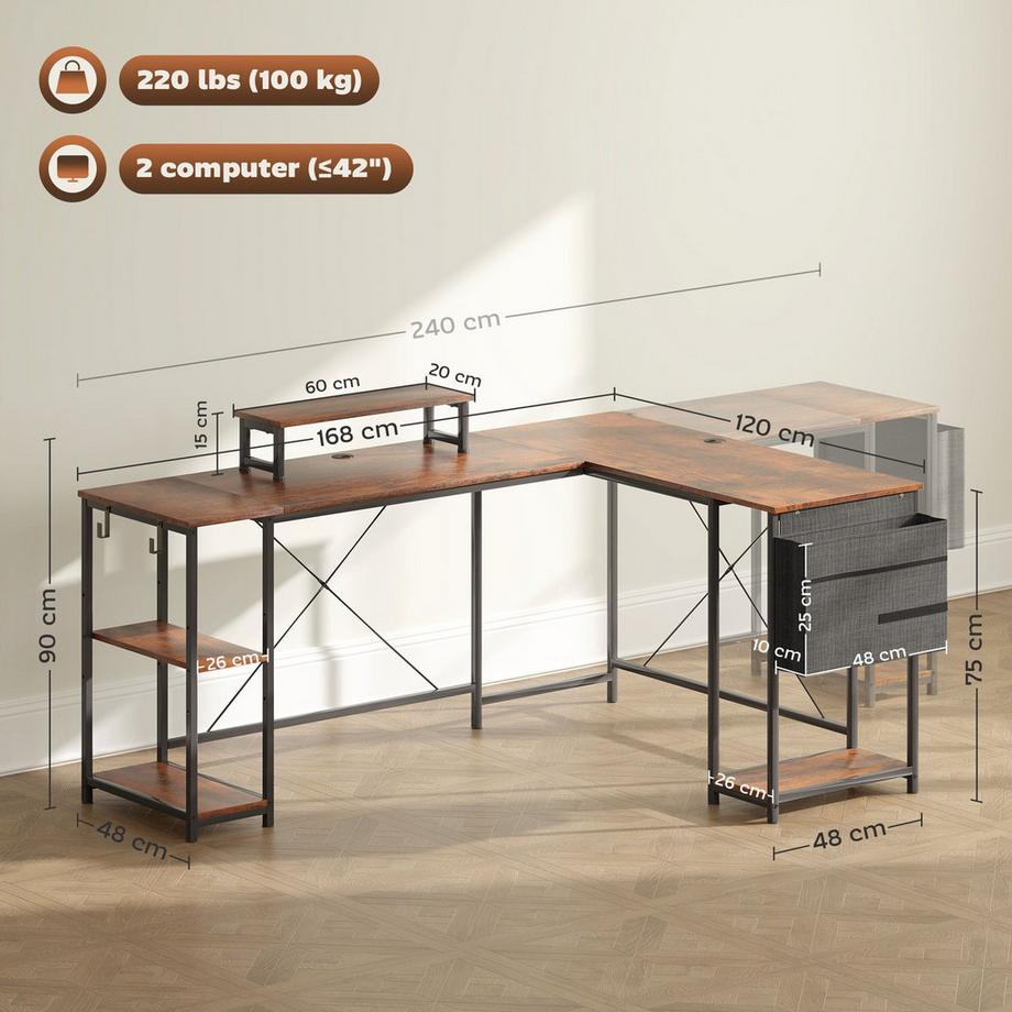 Northio L-förmiger Schreibtisch 168 x 120 cm Eckschreibtisch mit Ablagefächern, Aufbewahrungstasche Umkehrbar Computertisch mit Monitorständer GamingTisch für Büro, Heimbüro, Rustikal-Braun Aosom  