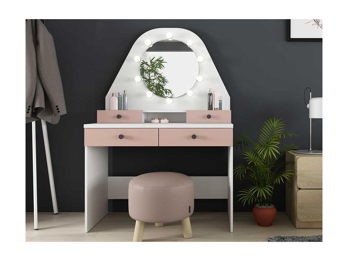 Vente-unique  Coiffeuse GABRIELA Miroir à  LEDs rangements rose poudré 