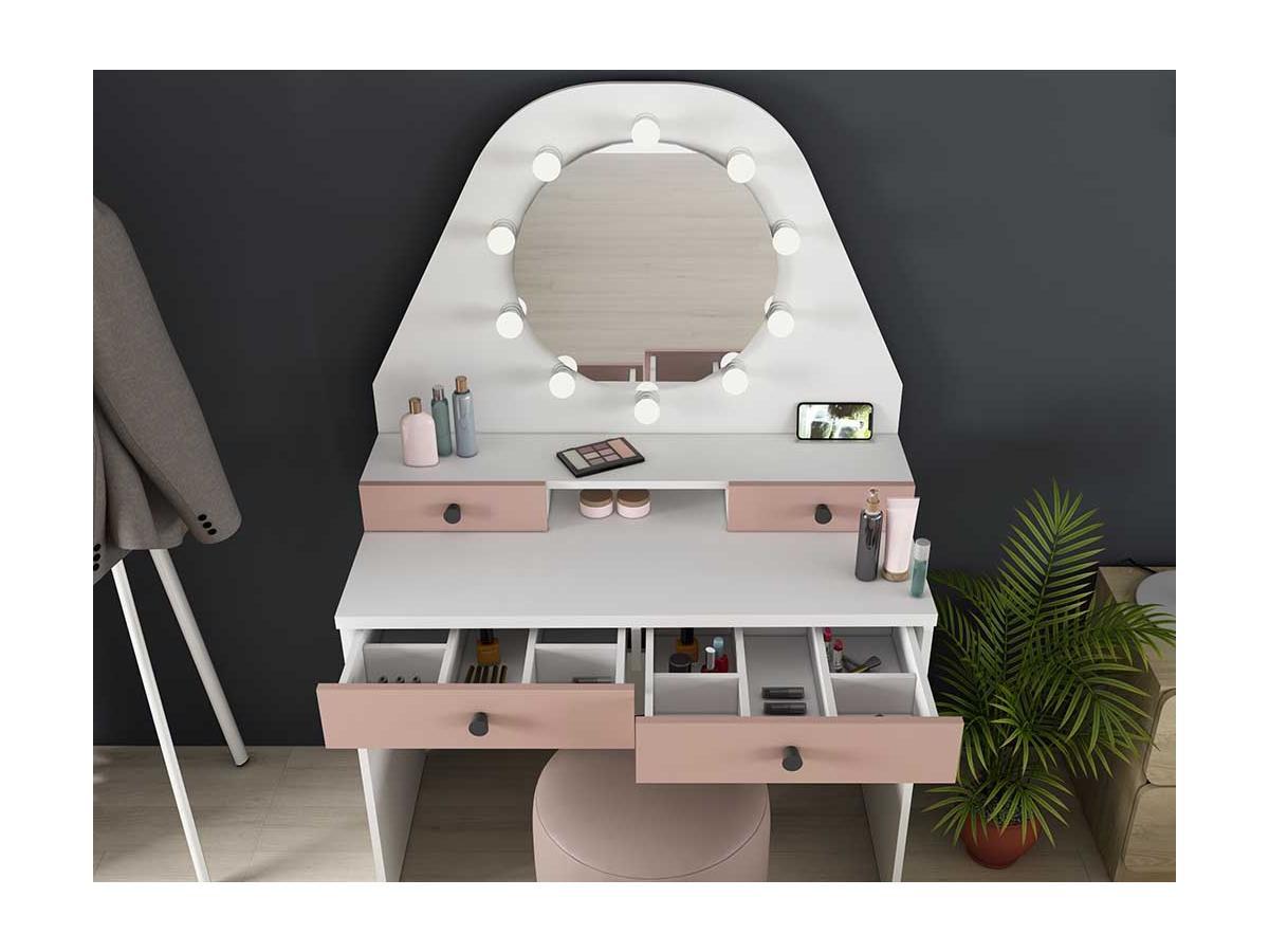 Vente-unique  Coiffeuse GABRIELA Miroir à  LEDs rangements rose poudré 