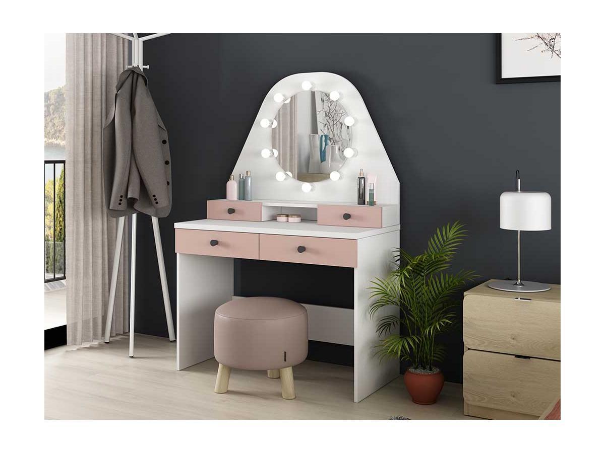 Vente-unique  Coiffeuse GABRIELA Miroir à  LEDs rangements rose poudré 