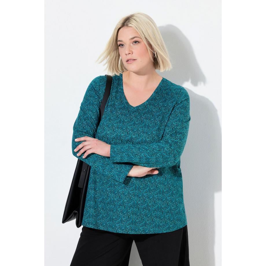 Ulla Popken Bedrucktes A-Linien V-Ausschnitt Langarmshirt  