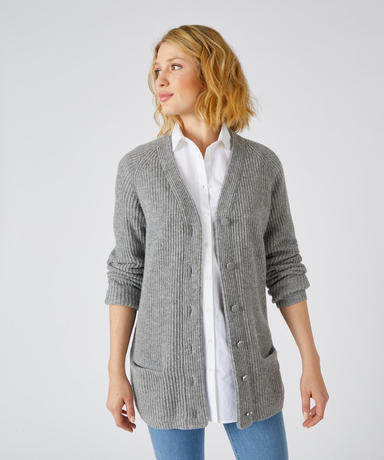 Image of Lange Strickjacke Aus Wollmix, Patentrippstrick , Knopfleiste. Damen Grau 42/44