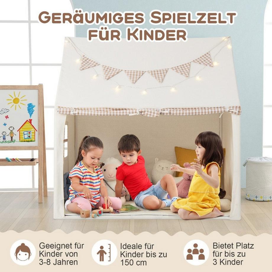 Northix  Kinderzelt für Drinnen Kinder Spielhaus mit Matte & Lichtern 125 x 100 x 127 cm Beige 