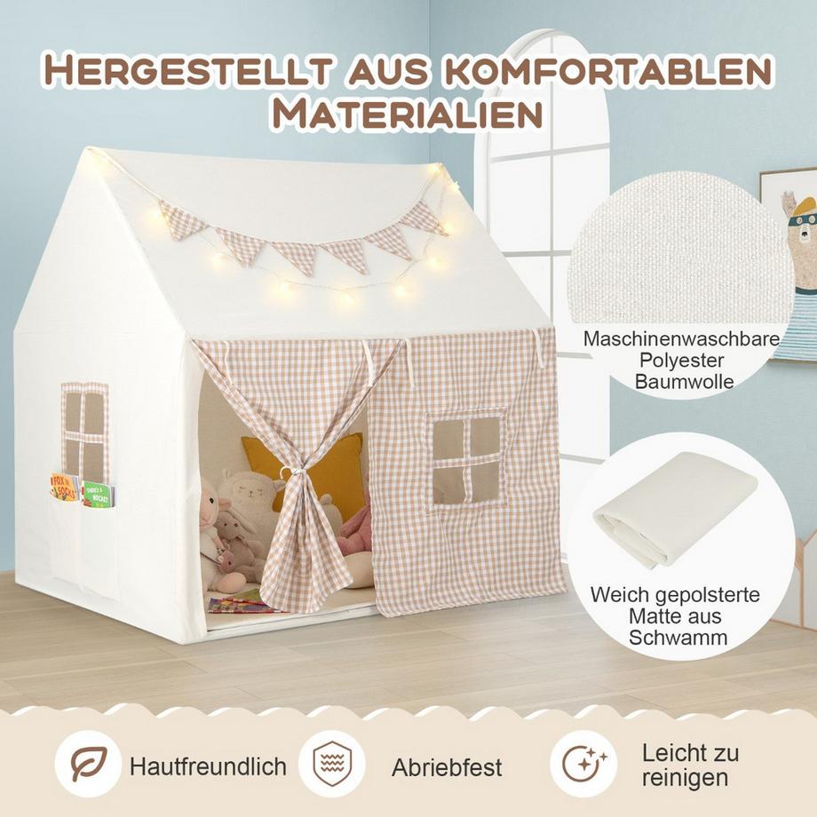 Northix  Kinderzelt für Drinnen Kinder Spielhaus mit Matte & Lichtern 125 x 100 x 127 cm Beige 