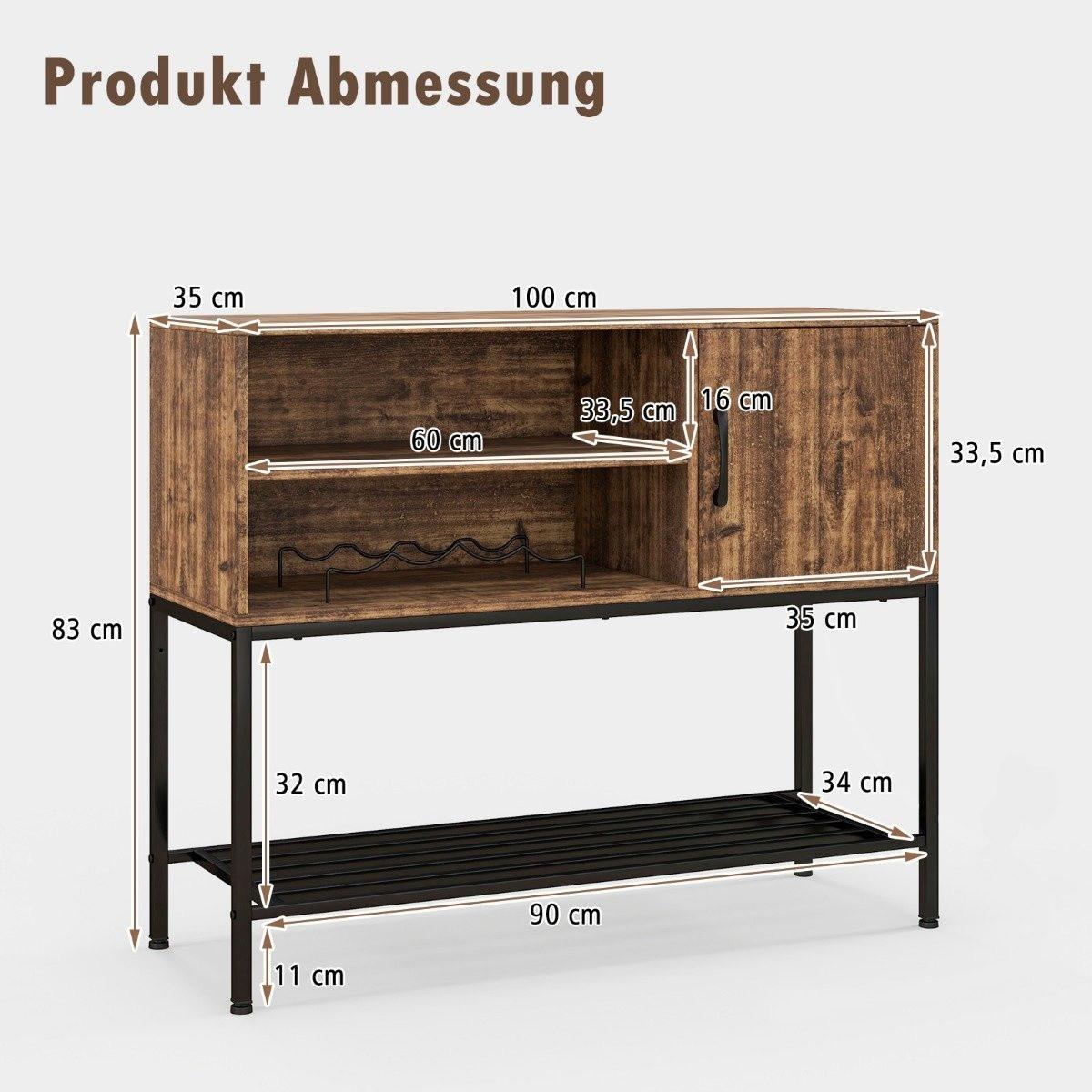 Northix Barschrank mit Weinregalen und Ablageflächen Konsolentisch aus Holz mit Metallrahmen für Esszimmer 100 x 35 x 83 cm Kaffee  