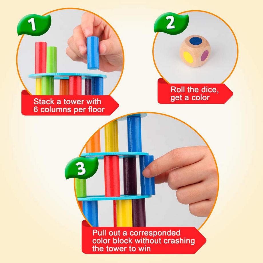Activity-board  Turmstapelspiel aus Holz, feinmotorische Bausteine mit Würfeln Schiefer Turm 