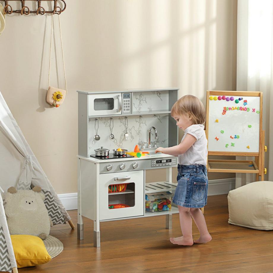 Northio  Kinderküche Spielküche mit Elektroherd, Mikrowelle, Spüle & Wasserhahn, Höhenverstellbar Puppenküche mit Kochgeschirrset, Rollenspielküchenzubehör für 3-8 Jahre Kinder, Weiß 