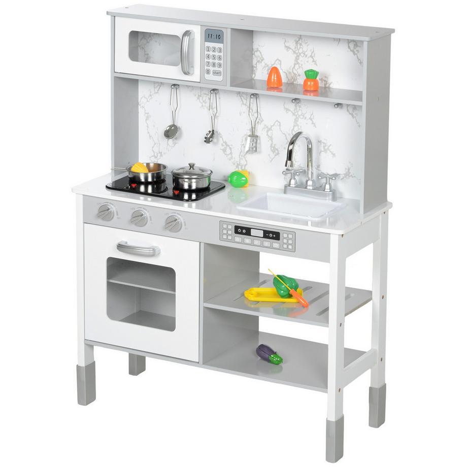 Northio  Kinderküche Spielküche mit Elektroherd, Mikrowelle, Spüle & Wasserhahn, Höhenverstellbar Puppenküche mit Kochgeschirrset, Rollenspielküchenzubehör für 3-8 Jahre Kinder, Weiß 