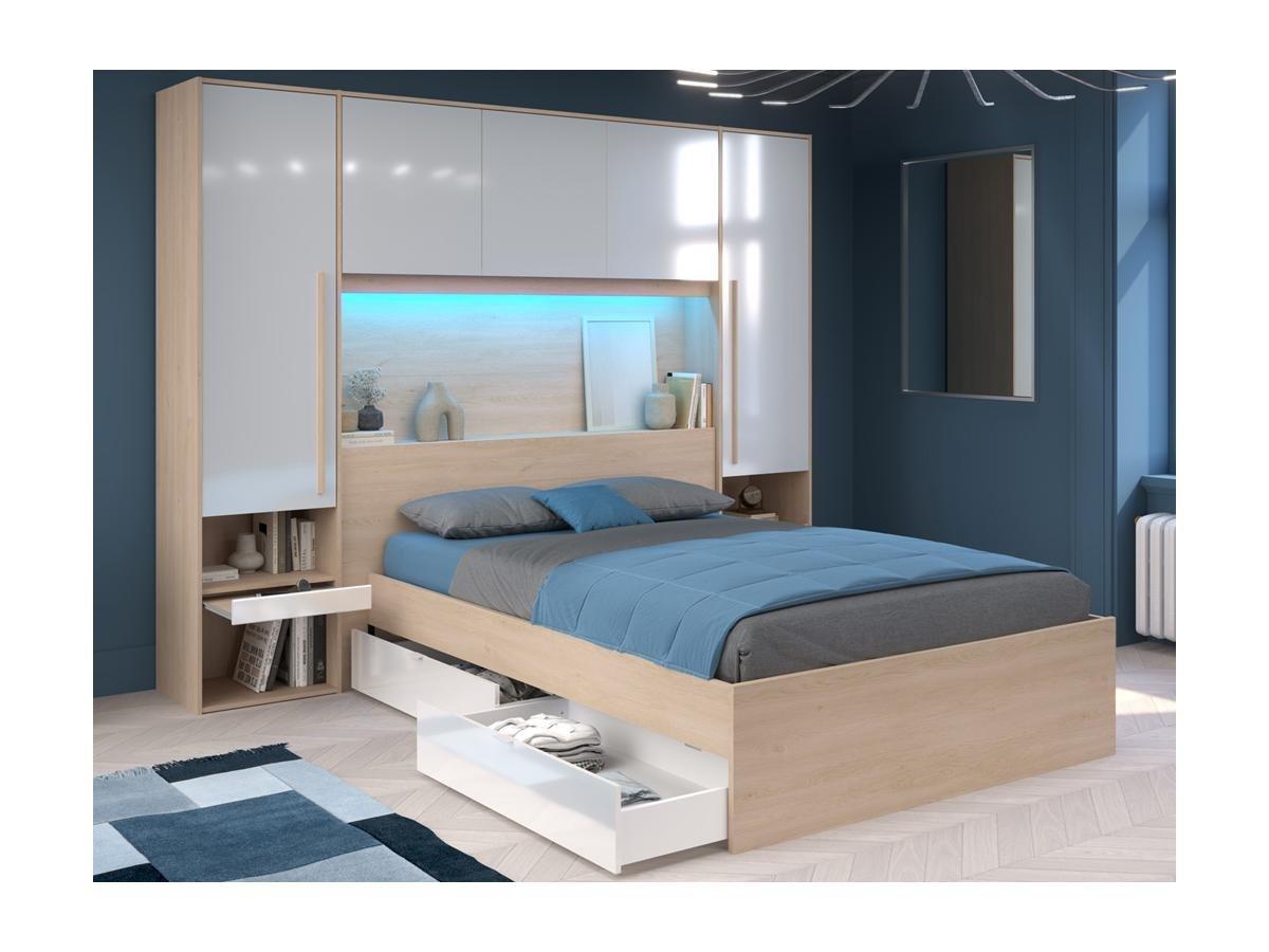 Vente-unique Letto con LED e vani portaoggetti 140 x 190 cm Naturale e Bianco lucido - VELONA  