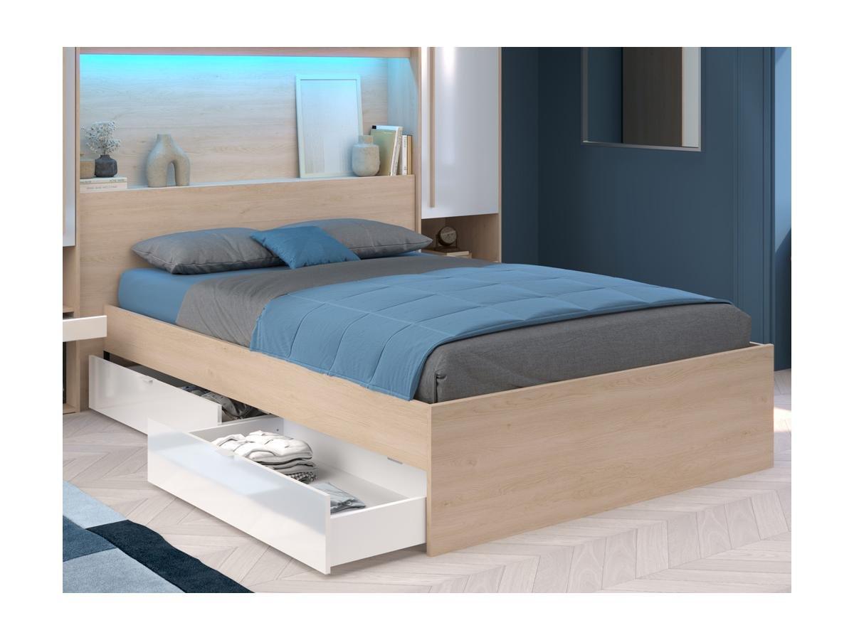 Vente-unique Letto con LED e vani portaoggetti 140 x 190 cm Naturale e Bianco lucido - VELONA  