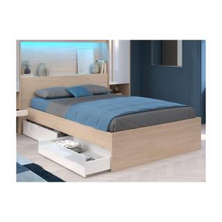 Vente-unique Letto con LED e vani portaoggetti 140 x 190 cm Naturale e Bianco lucido - VELONA  