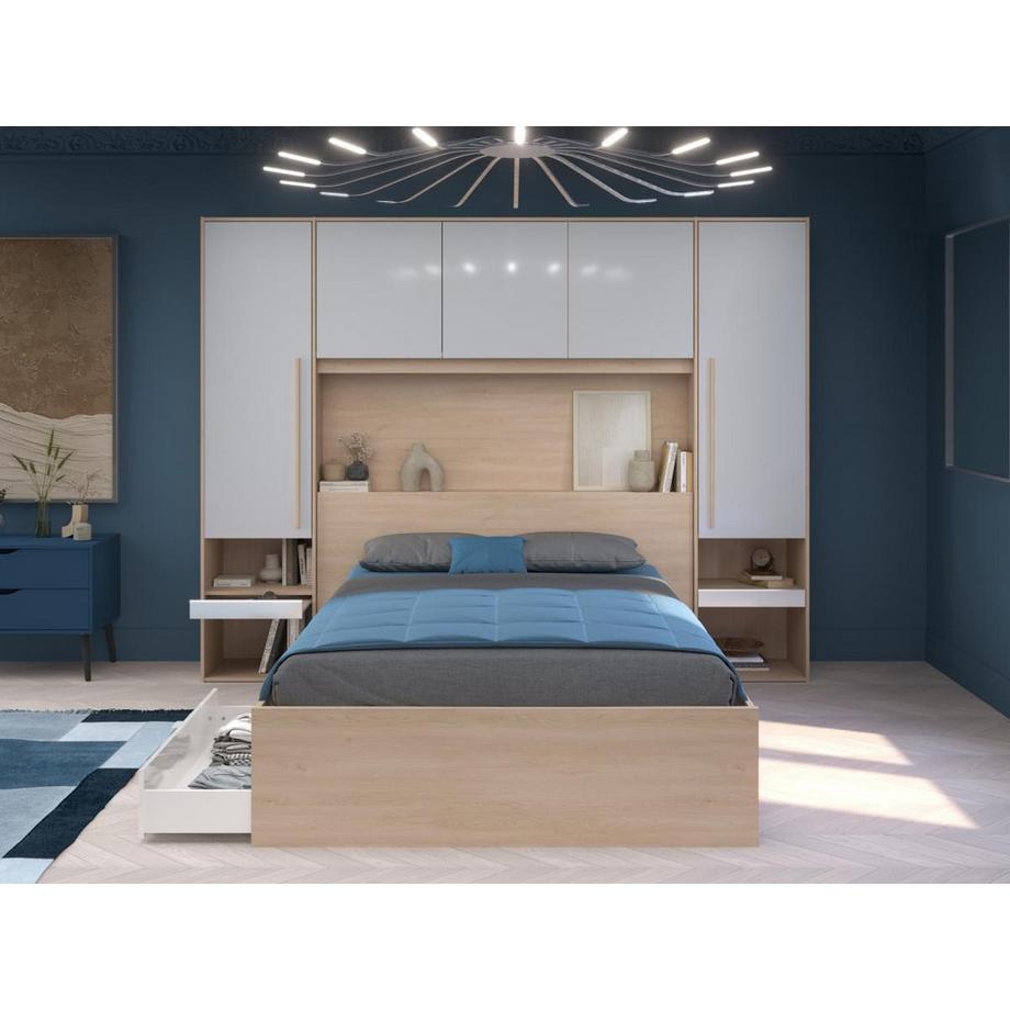 Vente-unique Letto con LED e vani portaoggetti 140 x 190 cm Naturale e Bianco lucido - VELONA  