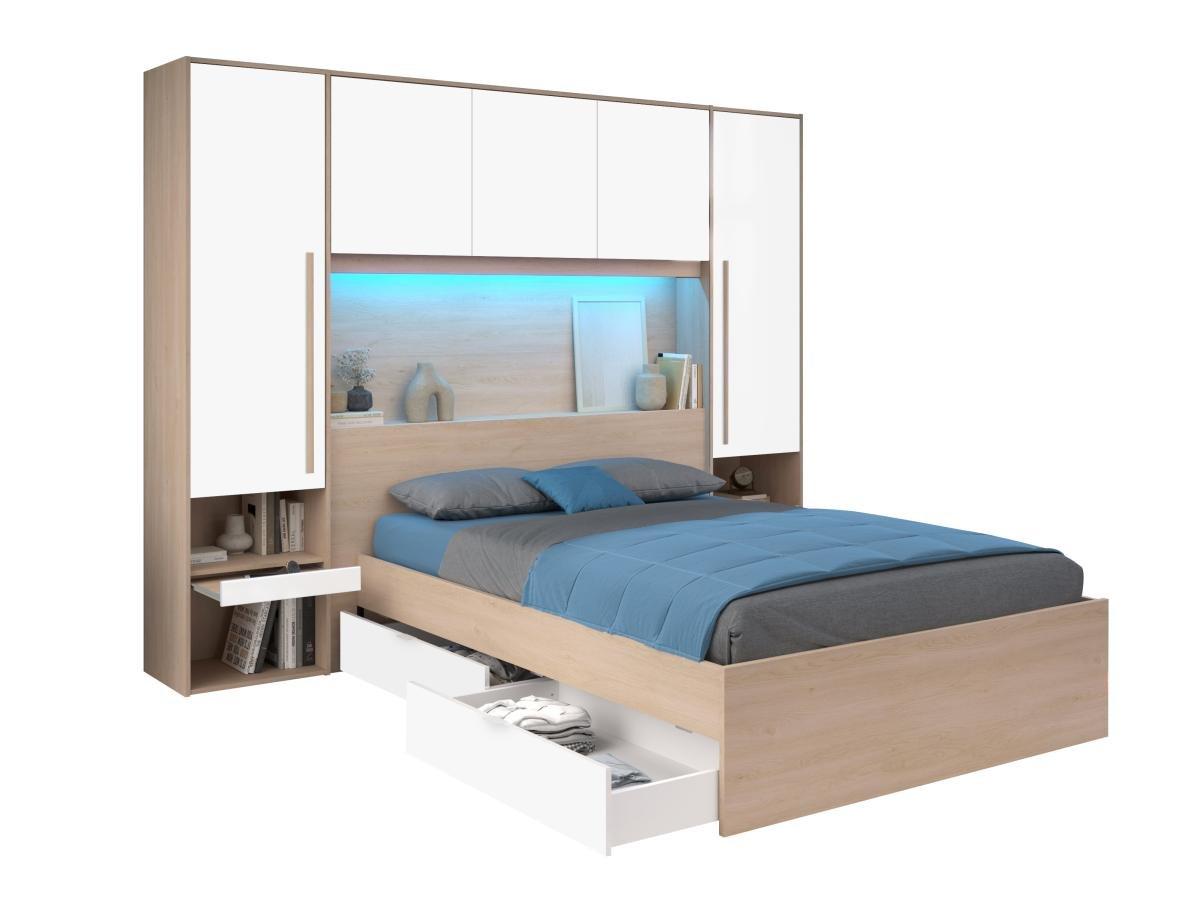 Vente-unique Letto con LED e vani portaoggetti 140 x 190 cm Naturale e Bianco lucido - VELONA  