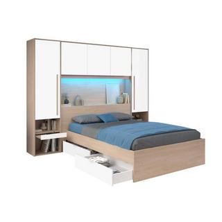 Vente-unique Letto con LED e vani portaoggetti 140 x 190 cm Naturale e Bianco lucido - VELONA  