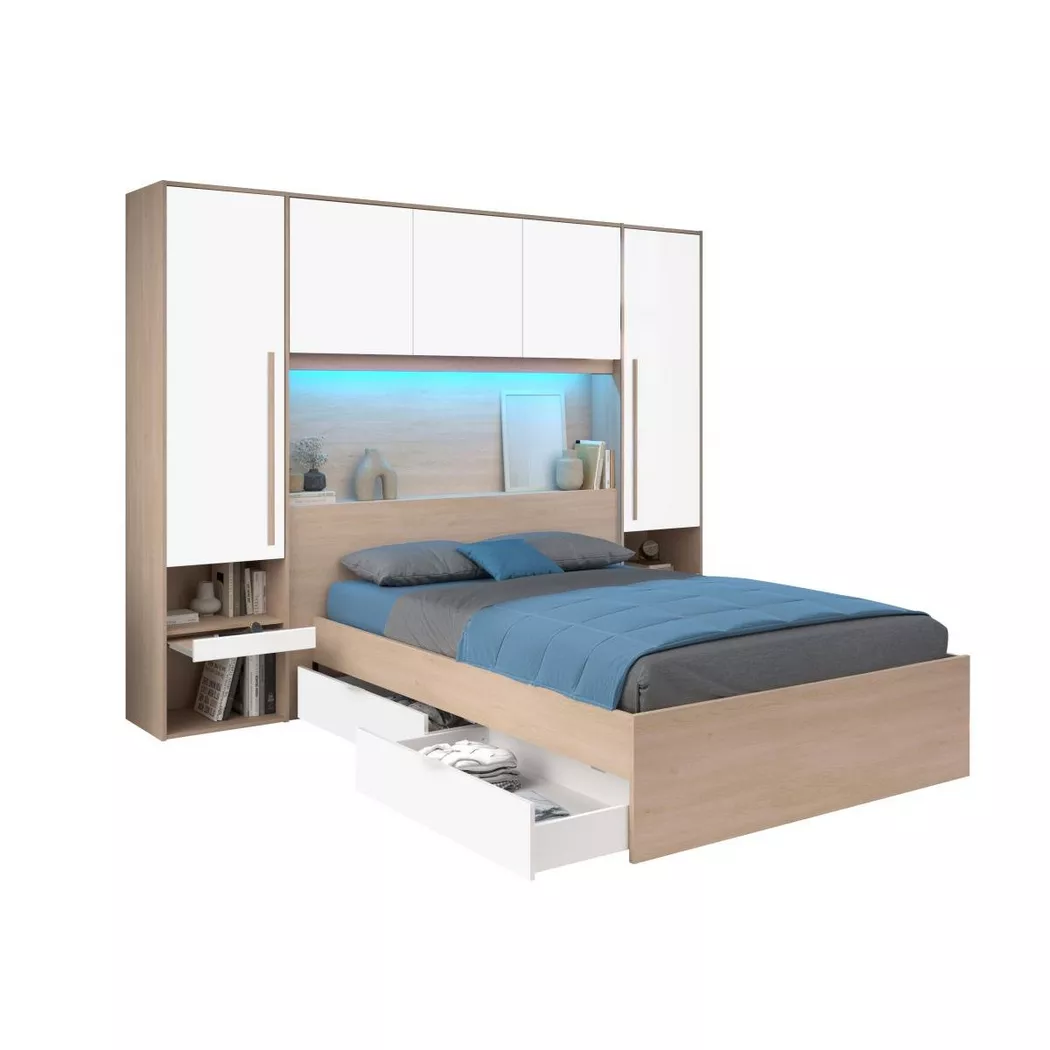 Vente-unique - Lit pont 140 x 190 cm avec rangements - Avec LEDs - Coloris : Naturel et blanc brillant - VELONA, 140X190CM, Beige