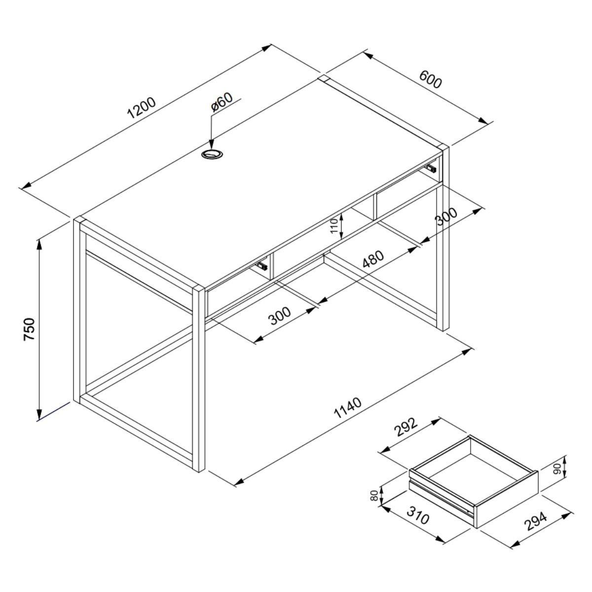 Calicosy Schreibtisch im Industrial Stil mit 2 Schubladen L120 cm - Denver  
