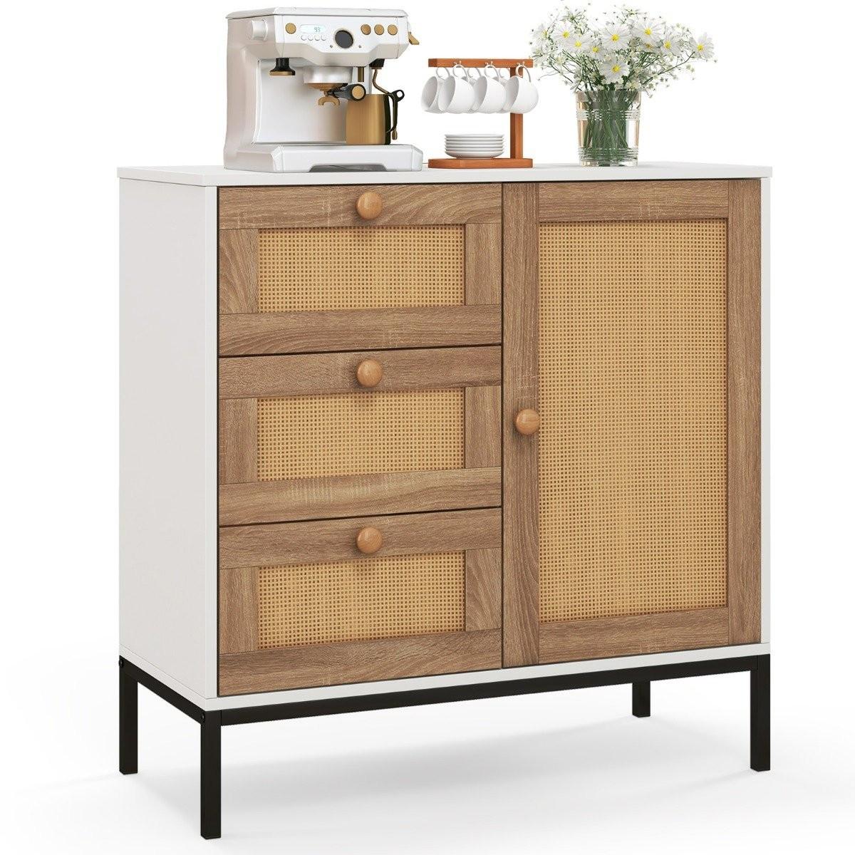 B2X Buffet en rotin, commode avec 1 porte et 3 tiroirs, meuble de cuisine 80 x 35 x 80,5 cm blanc + naturel  