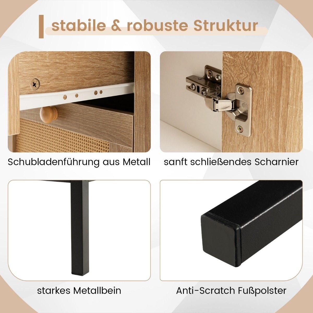 B2X Buffet en rotin, commode avec 1 porte et 3 tiroirs, meuble de cuisine 80 x 35 x 80,5 cm blanc + naturel  