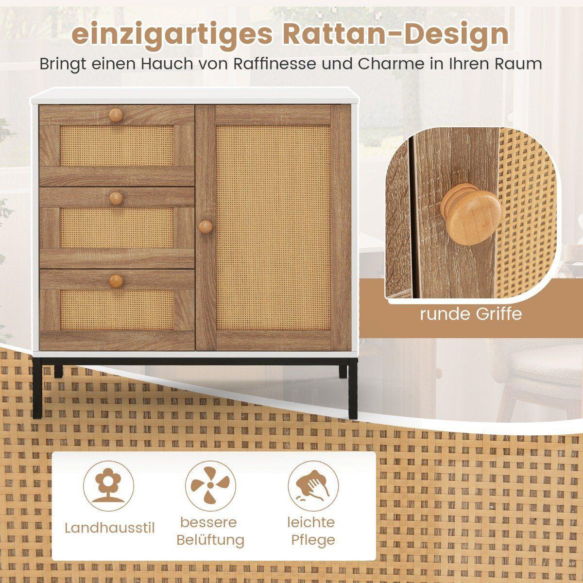 B2X Buffet en rotin, commode avec 1 porte et 3 tiroirs, meuble de cuisine 80 x 35 x 80,5 cm blanc + naturel  