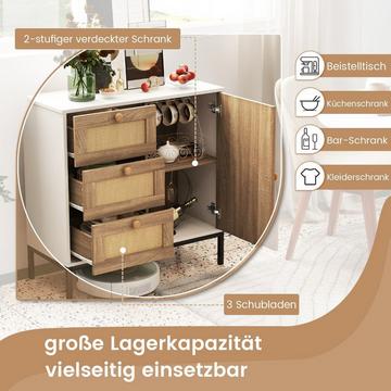Buffet en rotin, commode avec 1 porte et 3 tiroirs, meuble de cuisine 80 x 35 x 80,5 cm blanc + naturel
