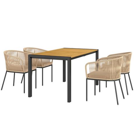 Northio Ensemble de salon de jardin en polyrotin 5 pièces pour 4 personnes, meubles de balcon résistants aux intempéries avec table, 4 chaises, coussins d'assise amovibles, meubles de patio d'extérieur, ensemble de salon pour balcon, jardin, bois naturel + kaki |  