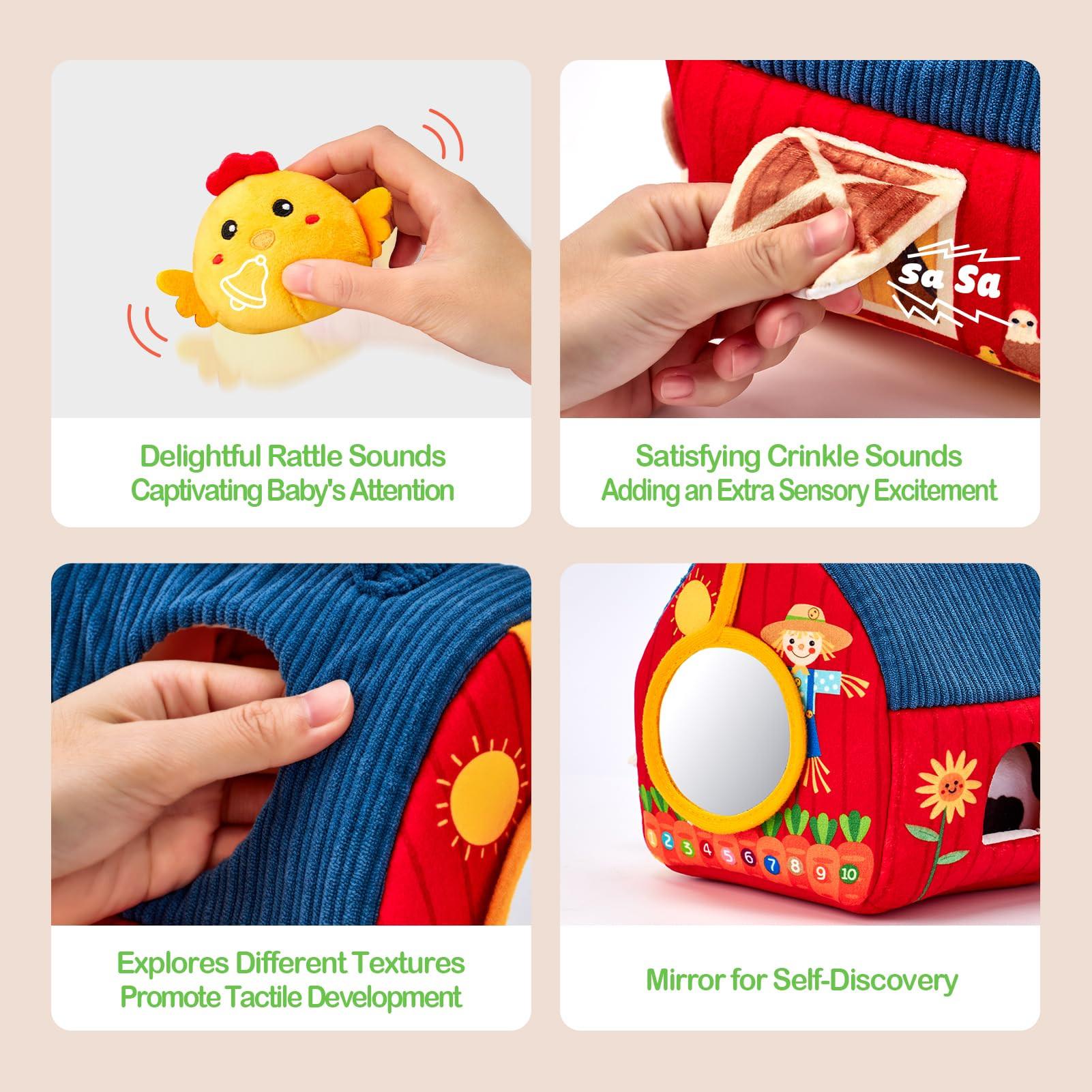 Jouet Bébé Ferme En Peluche 6-18 Mois – Grange Montessori Avec Hochets, Miroirs Et Animaux Sensoriels