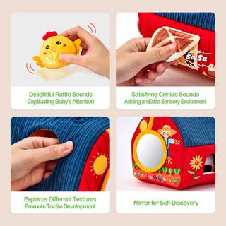 Activity-board  Jouet pour bébé - Animaux de la ferme en peluche avec étable, hochet, miroir - Jouet sensoriel pour les tout-petits avec tri des animaux de la ferme 