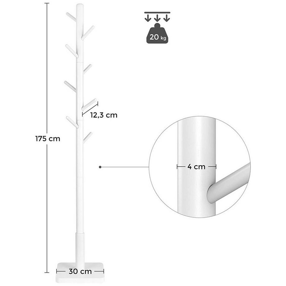 Calicosy Porte-manteau sur Pied en Bois d'Hévéa Blanc avec 8 Crochets - H175 cm  