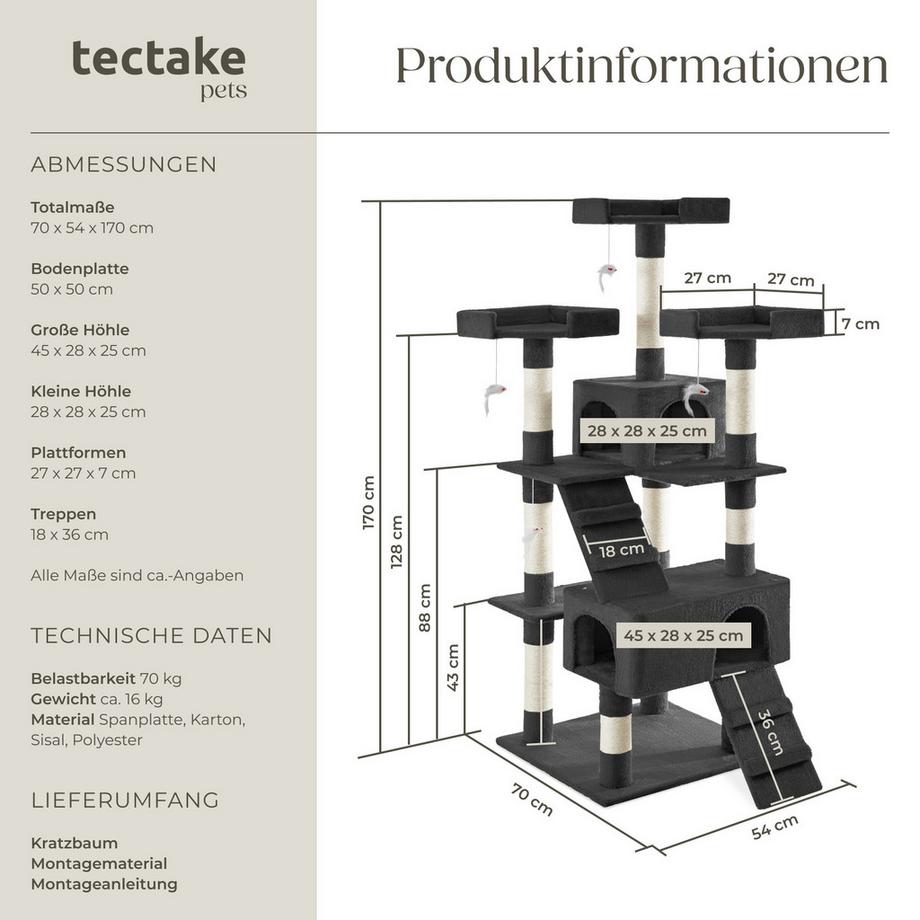 Tectake  Arbre à chat BARNEY 170 cm avec griffoir et plateforme d'escalade 