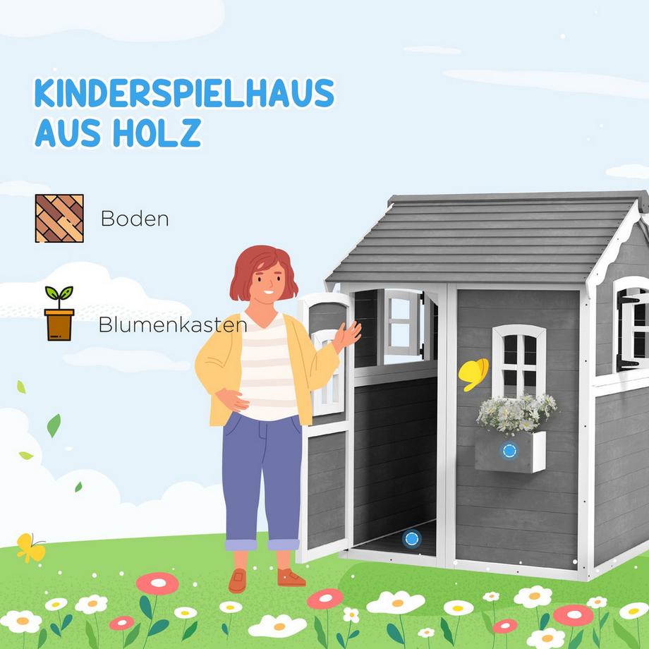 Northio  Kinderspielhaus aus Holz Spielhaus Outdoor mit Tür, Fenster und Pflanzkasten, Kinderhaus, Gartenhaus für Kinder 3-8 Jahre Aosom 