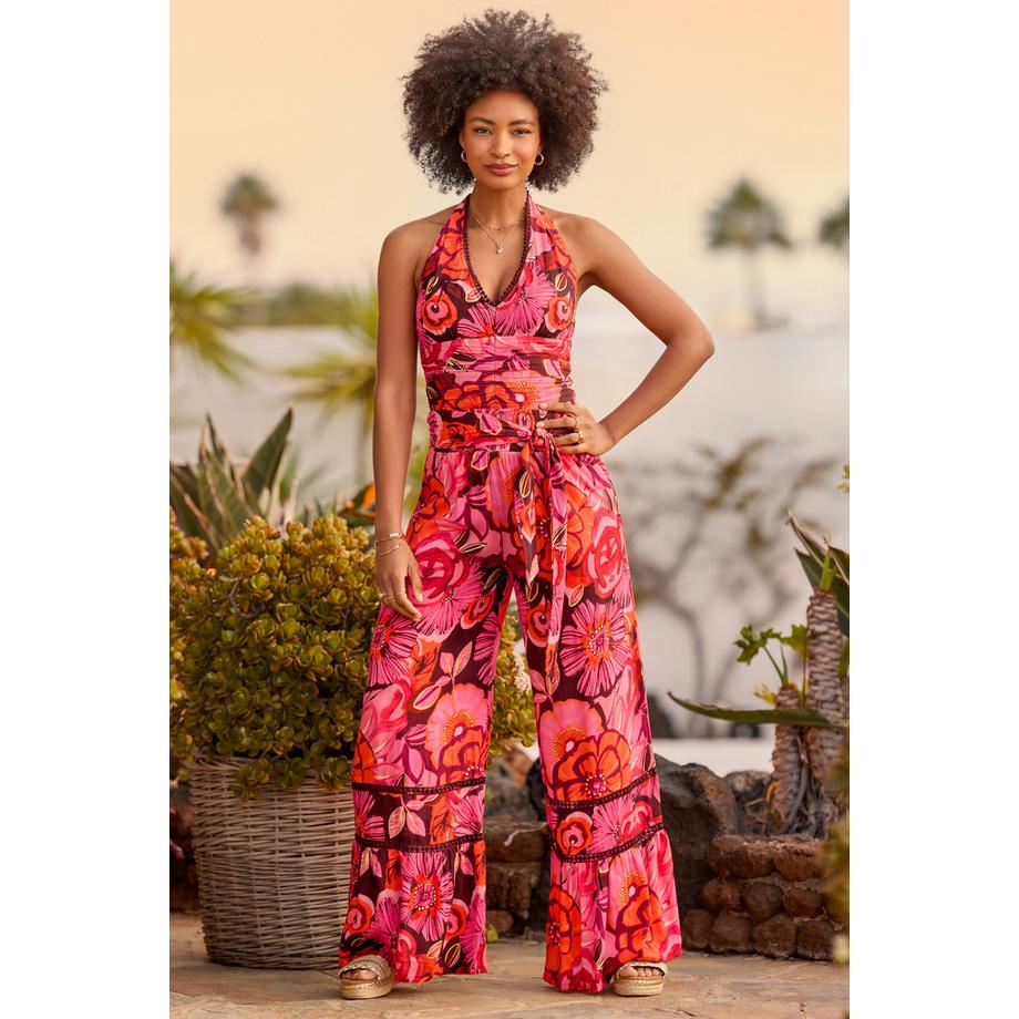 Weite Hose mit Blumenprint und Bindegürtel