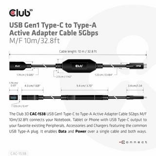 Club3D  CAC-1538 cavo USB 10 m USB 3.2 Gen 1 (3.1 Gen 1) USB C USB A Nero 