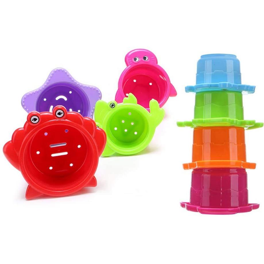 Activity-board  Baby Badespielzeug Set - Süße Blumen-Wassermühle und 4 Stk. Stapelbecher - Kinderwasserspielzeug mit Saugnapf für die Badewanne 