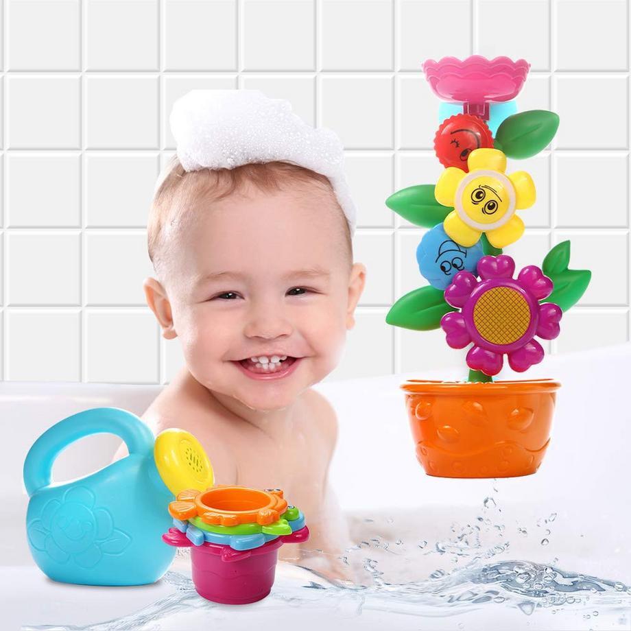 Activity-board  Baby Badespielzeug Set - Süße Blumen-Wassermühle und 4 Stk. Stapelbecher - Kinderwasserspielzeug mit Saugnapf für die Badewanne 