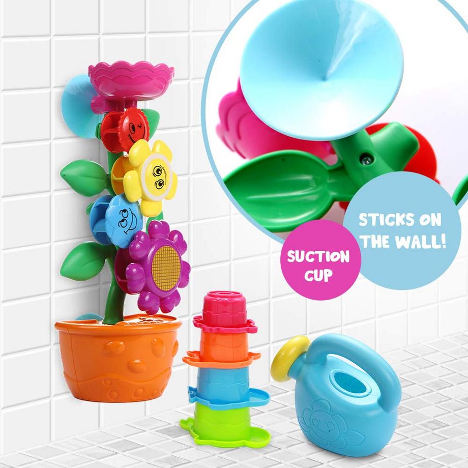 Activity-board  Baby Badespielzeug Set - Süße Blumen-Wassermühle und 4 Stk. Stapelbecher - Kinderwasserspielzeug mit Saugnapf für die Badewanne 