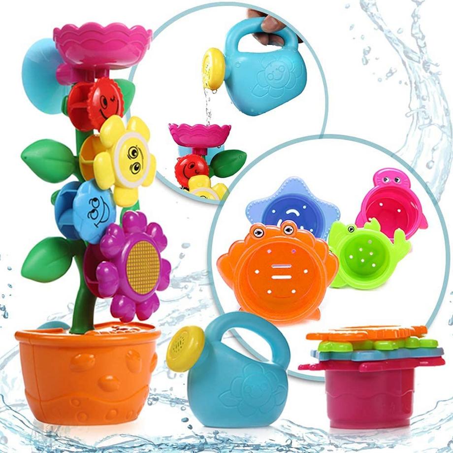 Baby Badespielzeug Set - Süße Blumen-Wassermühle und 4 Stk. Stapelbecher - Kinderwasserspielzeug mit Saugnapf für die Badewanne