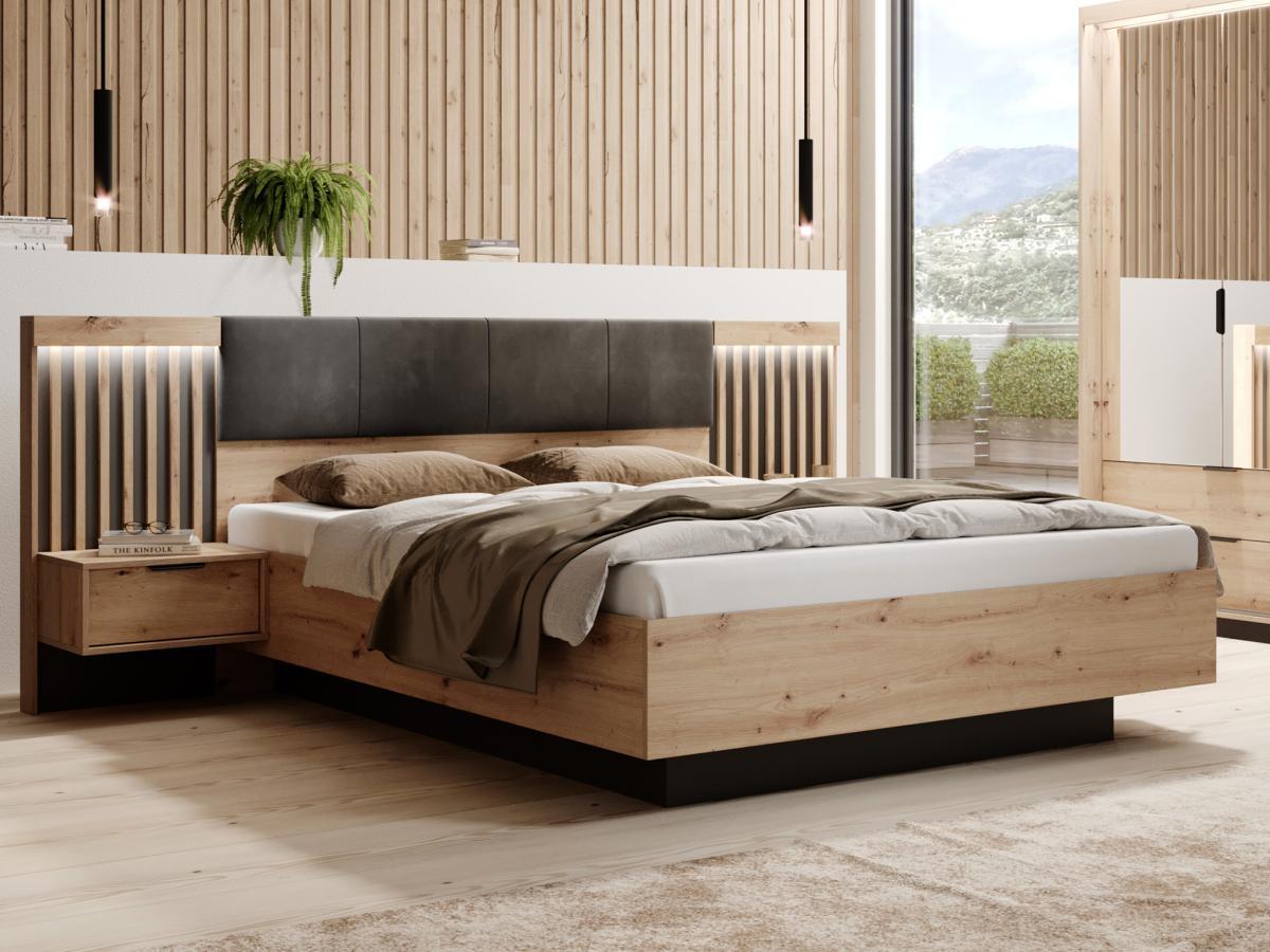 Vente-unique Letto con comodini e LED + Rete + Materasso 160 x 200 cm Naturale e Nero - ARIADA  