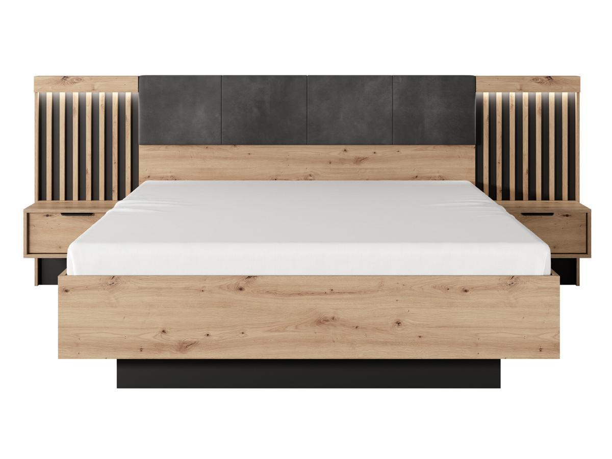 Vente-unique Letto con comodini e LED + Rete + Materasso 160 x 200 cm Naturale e Nero - ARIADA  