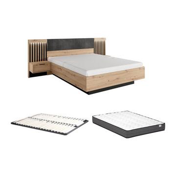 Letto con comodini e LED + Rete + Materasso 160 x 200 cm Naturale e Nero - ARIADA