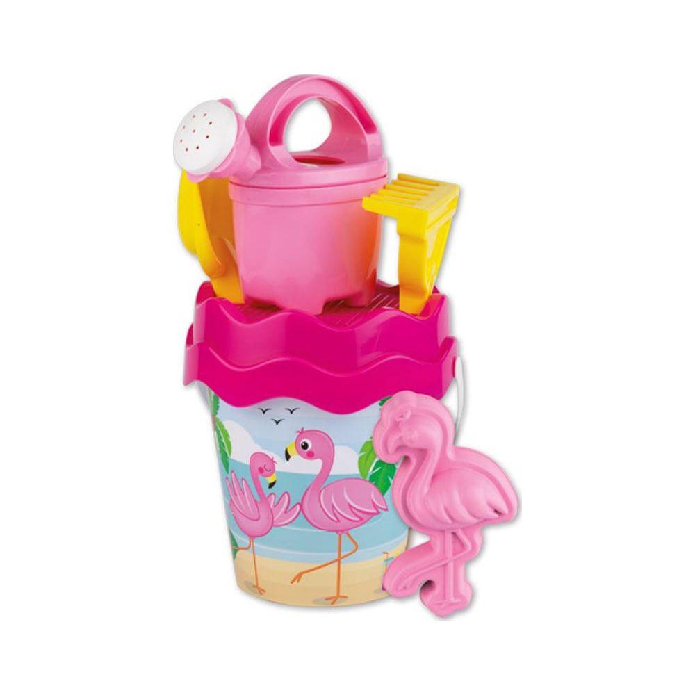 Image of Flamingo Sandeimer-Set 17cm Eimer, Sieb, Schaufel und Rechen, 1 Sandform, Giesskanne 0.5l