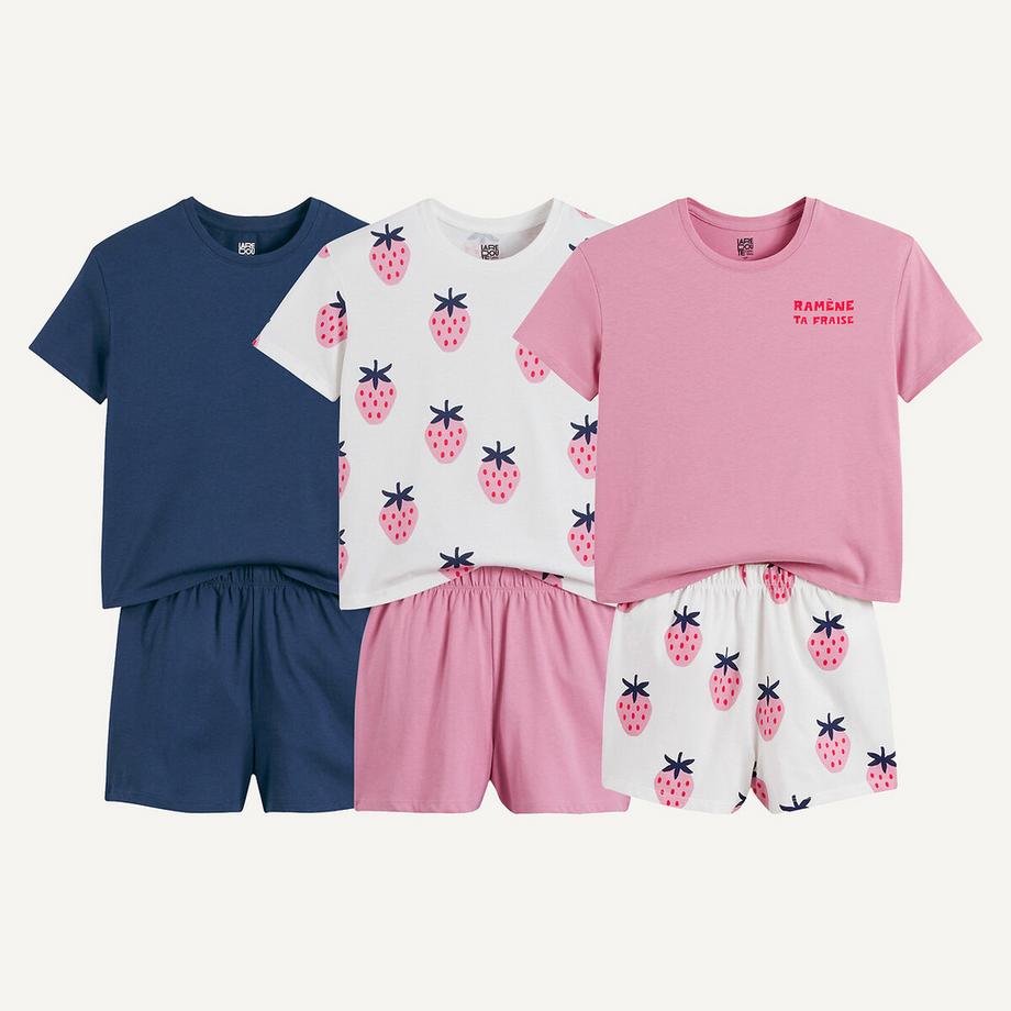 3er-Pack Baumwoll-Schlafshorts mit Erdbeermotiv