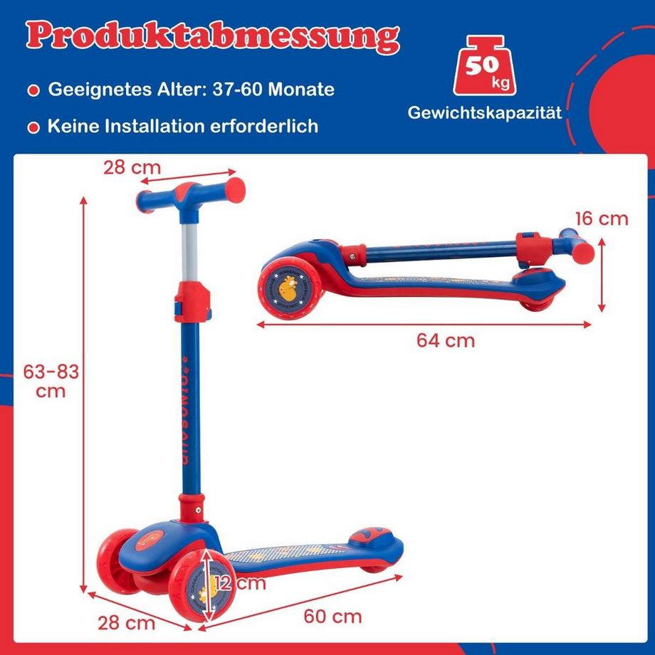 Northix  Klappbarer Kinder Roller mit PU LED Rädern & Hinterbremse Höhenverstellbarer Scooter Blau 