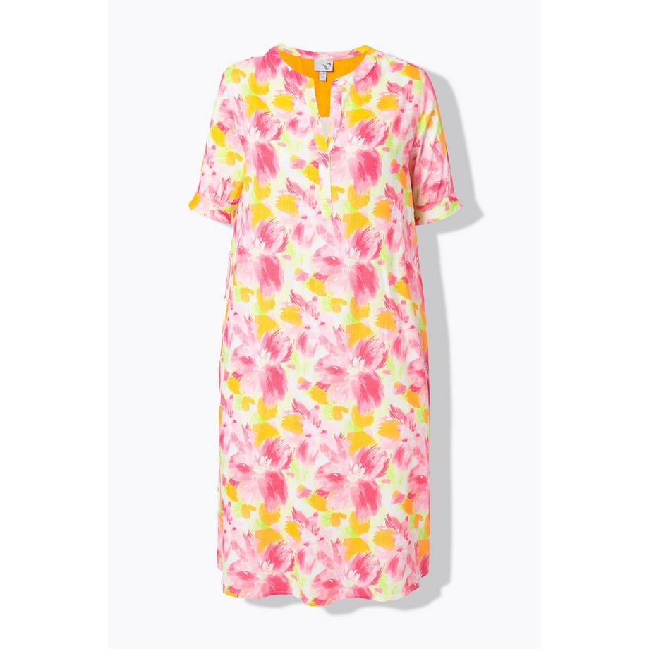 Ulla Popken Abito Tunica Misto Lino Stampa Floreale Collo Alto Mezza Manica  