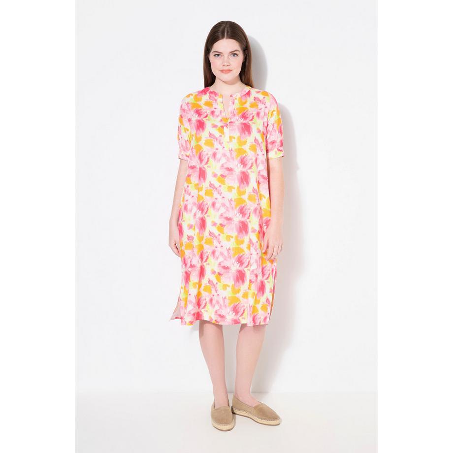 Ulla Popken Abito Tunica Misto Lino Stampa Floreale Collo Alto Mezza Manica  