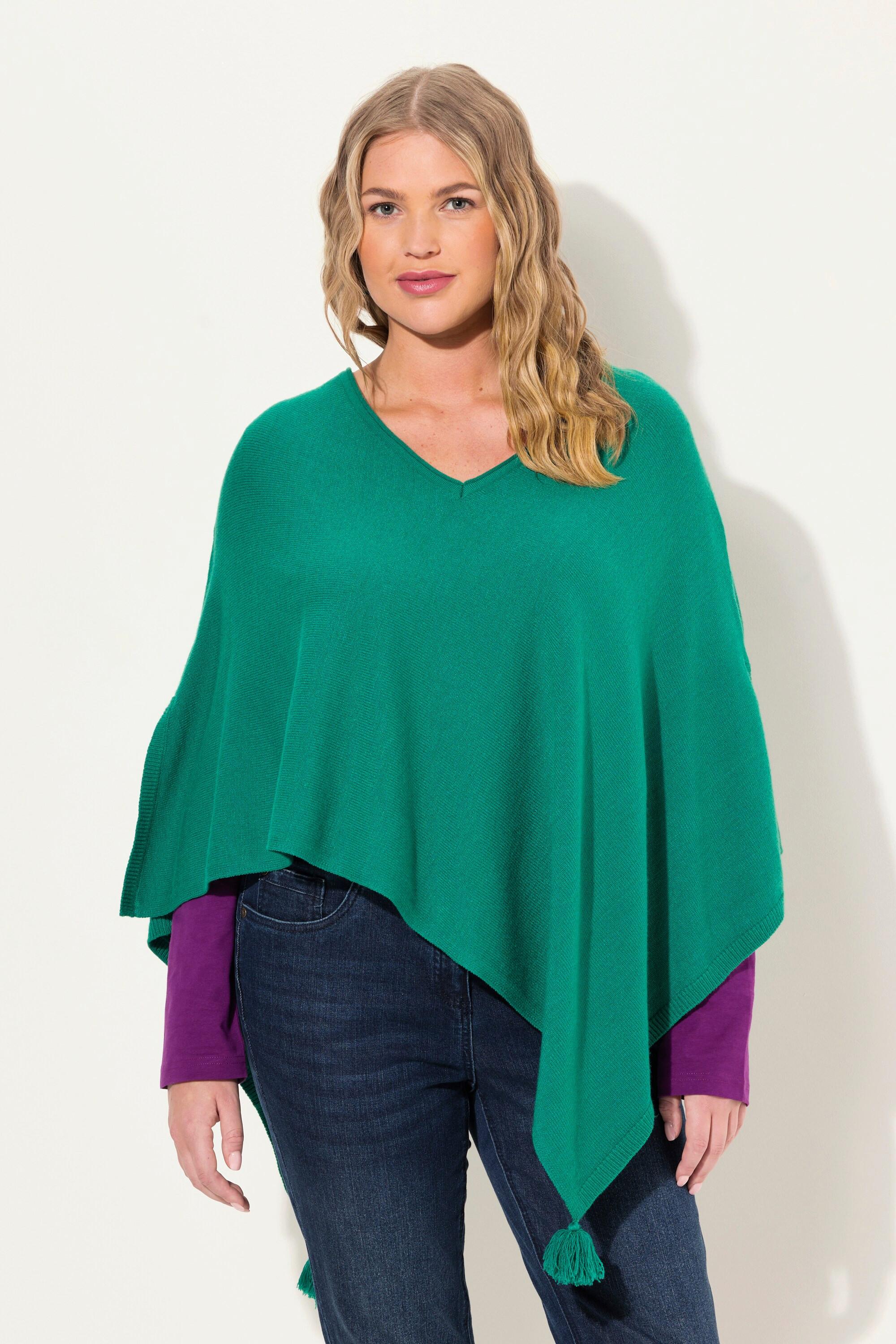 Ulla Popken  Poncho en maille, finition en pointe, pompon, col en V, sans manches 