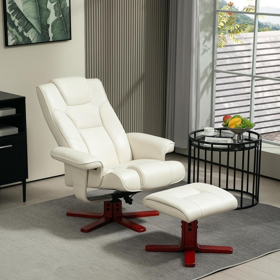 Northio Fauteuil de relaxation avec tabouret, fauteuil TV avec fonction inclinable, fonction berçante, fauteuil inclinable rembourré avec dossier réglable, jusqu'à 150 kg, pour salon, simili cuir, blanc crème  